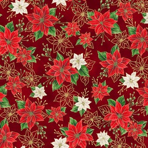 May include: A seamless pattern featuring red poinsettias with green leaves and white flowers on a deep red background. Gold outlines of flowers and sprigs add detail to the festive floral design.