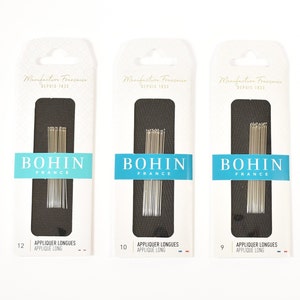 May include: Three packages of Bohin France needles for applique. The packages are white with black text and a blue stripe. The packages are labeled with the size of the needles: 12, 10, and 9.