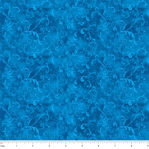 May include: A seamless fabric pattern in shades of blue, featuring a swirling, ornate design. The pattern has a mottled appearance, with lighter blue accents against a darker blue background. The design includes floral and scroll-like elements.