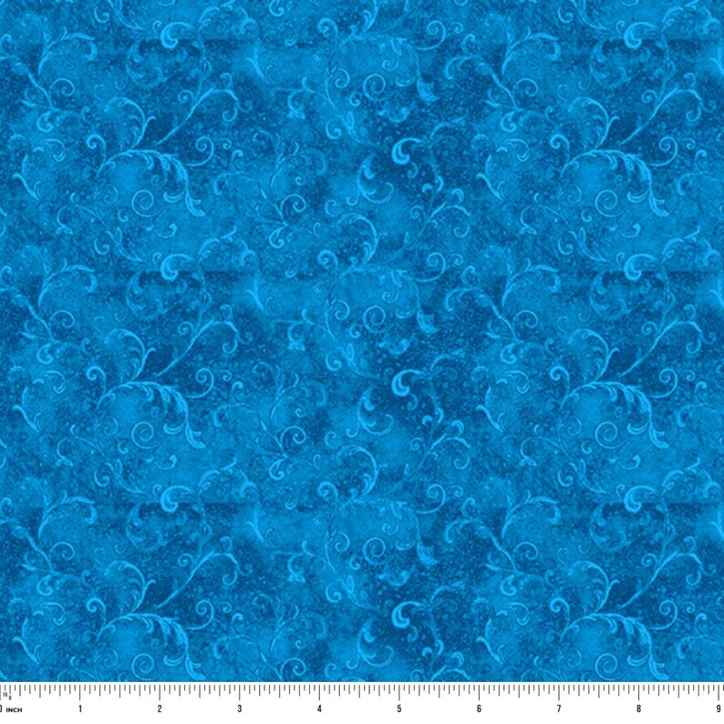 May include: A seamless fabric pattern in shades of blue, featuring a swirling, ornate design. The pattern has a mottled appearance, with lighter blue accents against a darker blue background. The design includes floral and scroll-like elements.