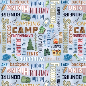 Blue Camping Words - Benartex Live Love Camp Collection - Premium Cotton Quilting Fabric By The Yard - Cut to Order - 14450-54
