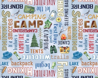 Blue Camping Words - Benartex Live Love Camp 14450-54 - Cotton Quilting Fabric By The Yard Cut to Order