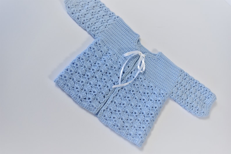 US Size 3 to 6 Months Crochet Baby Blue Cardigan with White Ribbon Closure