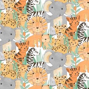 May include: A repeating pattern featuring cartoon illustrations of jungle animals. The design includes lions, tigers, zebras, elephants, and cheetahs in shades of orange, gray, and yellow, set against a white background with green foliage.