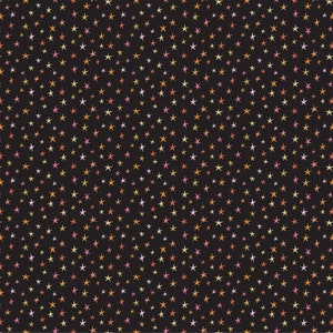 May include: A seamless pattern of small, hand-drawn stars in shades of orange, pink, and yellow on a black background.