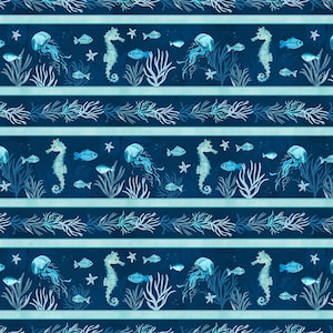 May include: Seamless pattern featuring blue seahorses, jellyfish, and seaweed on a dark blue background. The pattern is repeated horizontally and vertically.