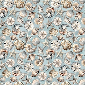 May include: A repeating pattern of various seashells, starfish, and sand dollars in shades of brown, beige, and white, set against a light blue background. The design features detailed illustrations of marine life, creating a coastal or nautical theme.