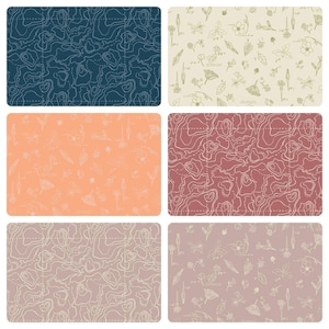 May include: Four seamless patterns featuring a topographic map design in blue, red, and gray with a white outline. The fourth pattern features a white outline of various flowers, leaves, and butterflies on a light beige background.