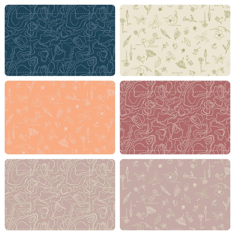 May include: Four seamless patterns featuring a topographic map design in blue, red, and gray with a white outline. The fourth pattern features a white outline of various flowers, leaves, and butterflies on a light beige background.