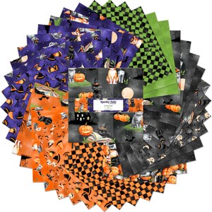 May include: A collection of Halloween-themed fabric squares. The squares feature various patterns, including cats, pumpkins, bats, and witch hats, set against backgrounds of orange, purple, green, and black. The text "Spooky Tails" is visible on a central square.