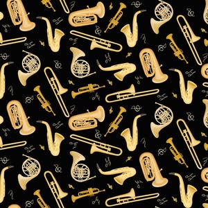 May include: A repeating pattern of various brass musical instruments, including trumpets, trombones, saxophones, and tubas, in shades of gold against a black background. Musical notes are scattered throughout the design.
