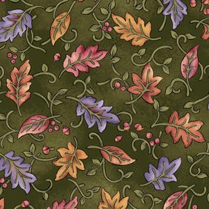 May include: A fabric pattern featuring a dark olive green background with a repeating design of stylized leaves in shades of orange, pink, and purple, interspersed with small brown acorns and thin, winding green vine-like stems.