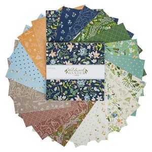 May include: A pack of 24 fabric squares featuring a variety of floral and nature-inspired patterns. The fabric squares are in shades of blue, green, brown, and cream. The pack is labeled "Wildwood Wander" by Riley Blake.