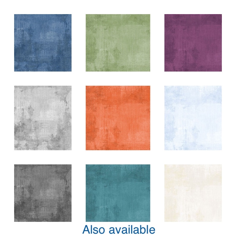 May include: Nine different colored square fabric swatches. The colors are blue, green, purple, gray, orange, light blue, dark gray, teal, and cream.
