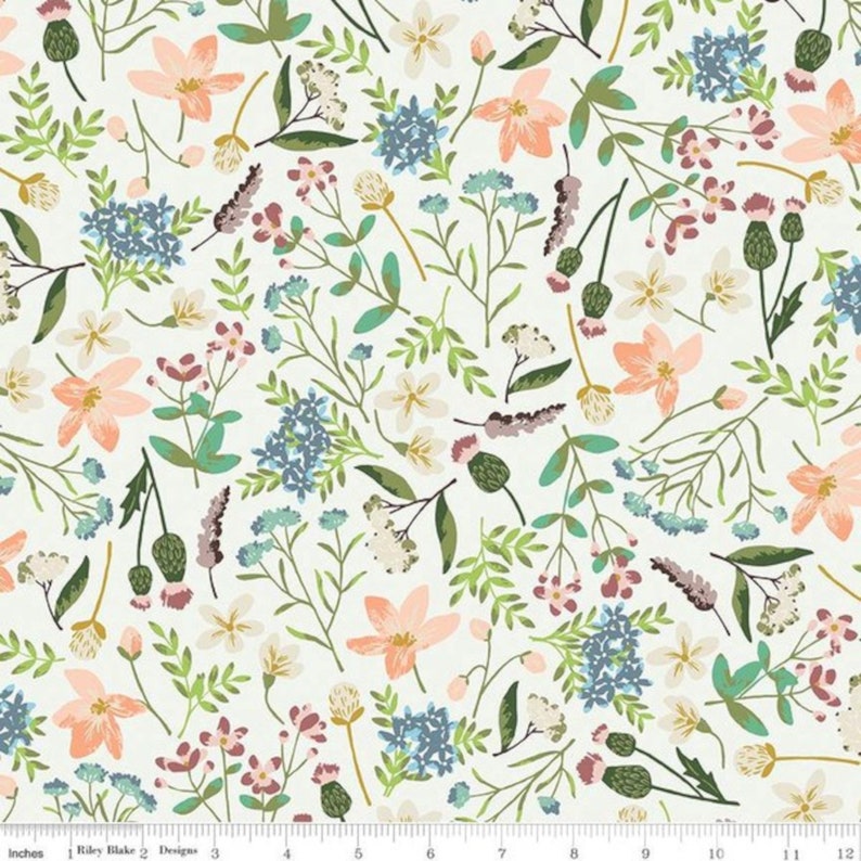 May include: A white fabric with a repeating pattern of pink, blue, and green flowers. The flowers are stylized and have a vintage feel. The fabric is perfect for quilting, crafting, or making home decor.