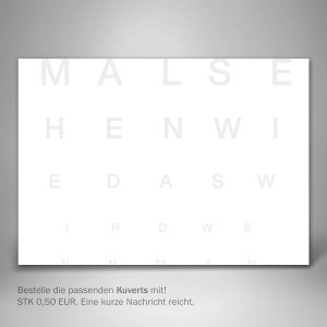May include: A white eye chart with the letters MALSE, HENWI, EDASW, and the letters I, R, D, W, and E in the next row. The text at the bottom of the chart reads "Bestelle die passenden Kuverts mit! STK 0,50 EUR. Eine kurze Nachricht reicht."