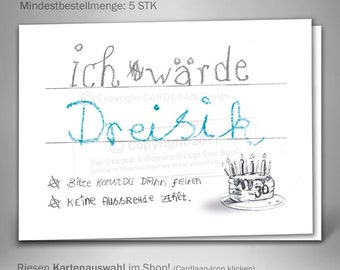 Klappkarten Einladungen 30. Geburtstag  I  Dreißigster Spruch  I  Lustige Einladung 30 I Wortspiel Karte 30  I  30. Kritzelei Kinderschrift