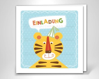 Einladung Kindergeburtstag, Klappkarte, Lustige niedliche Einladungen, Karte Junge, Karte Mädchen, Zootiere, Bär, Tiger, Löwe, Kinderfeier