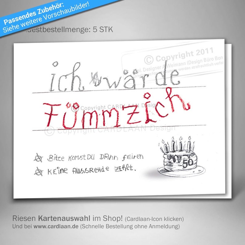 Klappkarten Einladungen 50. Geburtstag, Fünfzigster Geburtstag lustige Grußkarte, Witzige Grußkarte 50, Fünfzigster kreative Einladungen Bild 1