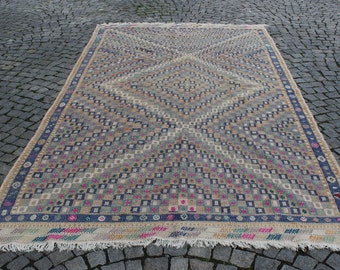 Tappeto Kilim vintage intrecciato a mano: tappeto anatolico pastello da 6,2 x 11,1 pollici