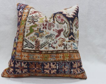 Handwoven Turkish Rug Pillow: Vintage Tribal Cushion Cover (20x20 inches)