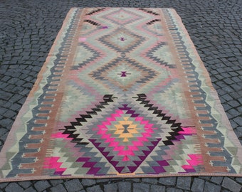 Tappeto Kilim turco fatto a mano: decoro Boho pastello (5,6'x11,2')
