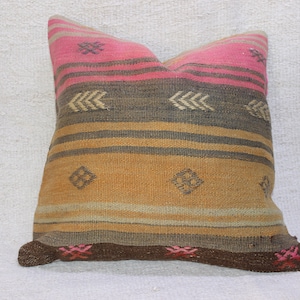 Pink Kilim Pillow,Decorative Pillow,Handmade pillow,Throw Pillow, Vintage Pillow,Turkish Pillow,Cushion Cover,16&quot;x16&quot;inches,40x40 cm