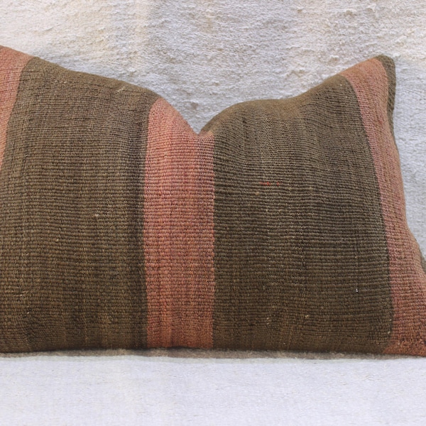 Handwoven Turkish Kilim Lumbar Pillow: Vintage Bohemian Home Decor (16x24 inch)