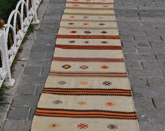 Vintage Turkish Kilim Rug Runner: Handwoven Wool, Boho Home Decor (12.8"x2.4" Feet)