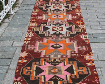 Boho Kilim Rug Runner: Vintage Turkish Wool, 3.2' x 12'