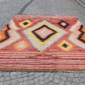 装飾的なピンクのキリムラグ、8.2&quot;x11.5&quot;フィート、250 x 350 cm、カラフルなキリムラグ、アナトリア地域のキリムラグ、エスニックラグ、ホームデコレーショントルコキリムラグ