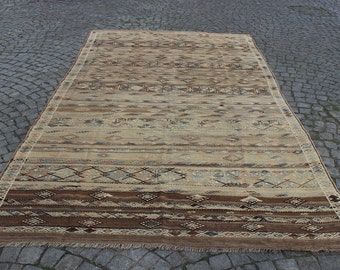 Vintage Handwoven Anatolian Kilim Rug: 6.6'x12' Ethnic Decor