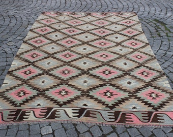 Tappeto Kilim pastello: tappeto turco vintage in lana intrecciata a mano da 6'x9,5'