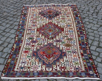 Vintage Turkish Silk Soumak Rug: Handwoven Bohemian Kilim (3.8'x6.4')