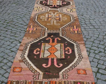 Vintage Kilim Rug Runner: Handmade Anatolian Tribal Rug (3.2"x13.4" Feet)