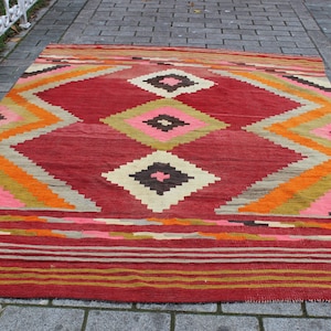 Türkischer Kelim Teppich, 20 x 21 cm, Rosa Kelim Teppich, Anatolischer Kelim Teppich, Boho Vintage Kelim Teppich Großer Teppich Ethno Kelim Teppich
