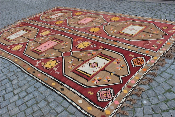 カラフルなキリムラグ：8.5フィート×12.6フィートのヴィンテージトルコ