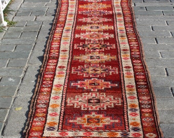 Vintage Kurdish Kilim Rug Runner: Bohemian Home Decor (11.1"x2.8" Feet)