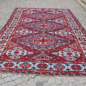 Handmade Vintage Soumak Rug: 6.9&quot;x12.1&#39; Boho Kilim Rug