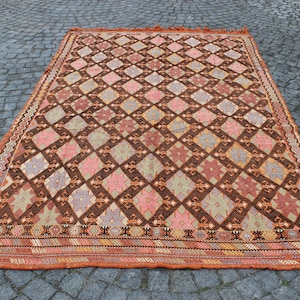 Traditional Turkish Orange Rug, 6&quot;x9.8&quot;Feet,185x300 cm,Decorative Cicim Rug,Boho Vintage Rug,Large Kilim Rug