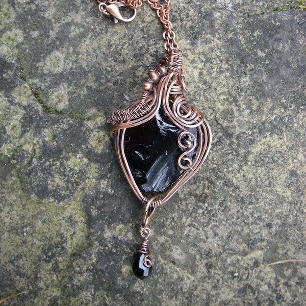 Shamanic Gothic Steampunk reversible wire wrap swirl elegant black obsidian hand hewn heart oxidized copper pendant swarovski necklace