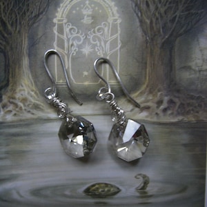 Fantasy Middle Earth elven wire wrap Austrian Swarovski gold crystal shade faceted octagon sterling silver dangle swirls celtic earrings