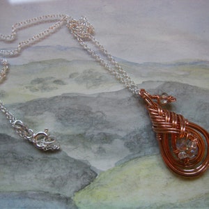 Celtic copper swarovski pipa knot wire wrap intricate delicate pear shape teardrop braided pendant necklace sterling silver 925 chain