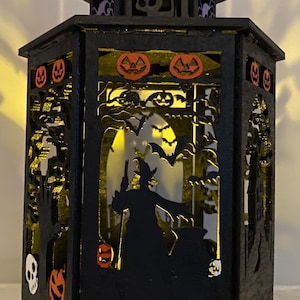 HALLOWEEN LANTERN, Witch, Pumpkins, haunted House, Lights Up, LED Candle, Hand Painted, Gift, Decoration