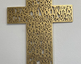 Español, Cruz del Padre Nuestro, Oración del Señor, Madera, Corte láser, Arte de pared, Inauguración de casa, Boda, Primera Comunión, Confirmación, Día de la Madre