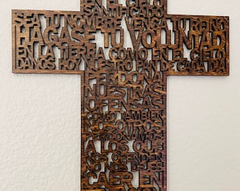 Español/Español, Cruz del Padre Nuestro, Grande, 11x15, Oración del Señor, Madera, Corte láser, Inauguración de casa, Boda, Primera Comunión, Confirmación, Día de la Madre
