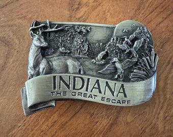 Vintage Indiana die wilde Wildnis Szene zinnfarbene Gürtelschnalle Bergamont 1984