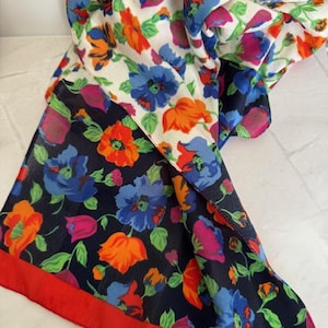 Bill Blass Scarf Vintage Red Poppies Silk hand rolled Scarf- Retro Style