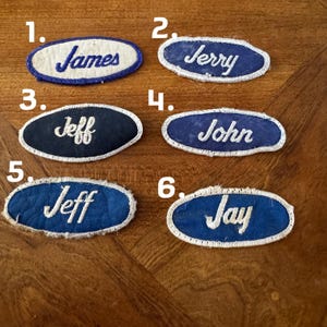 Parches bordados vintage con la letra "J" para coser, ovalados, azules con parche blanco - James, Jerry, Jeff, John y Jay. Parches para ropa de trabajo.