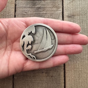 1977 Vintage Sailboat, Sun & Palm Tree Silver Belt Buckle- Rare Small Collectible Belt Buckle